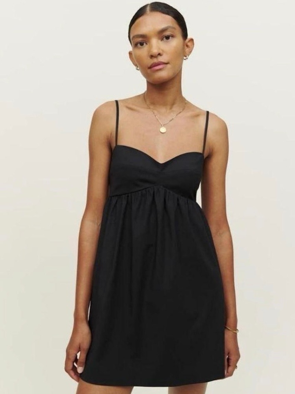 Reformation Cox Cotton Black Mini Dress Smocked Back Tie Straps Size 6
